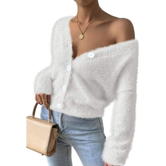 Pink Queen Women's Furry Cropped Cardigan White Open Front V-Neck  Sweater Coat - Picture 1 of 6